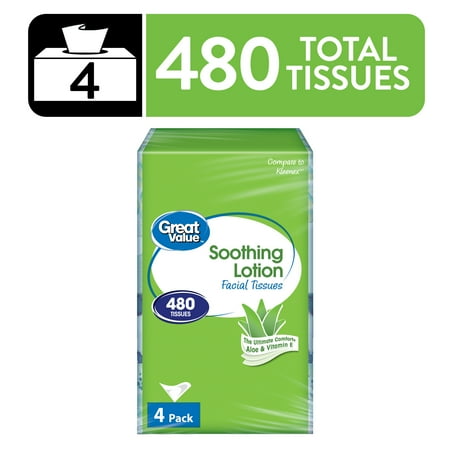 Great Value Soothing Lotion Facial Tissues, 4 Flat Cartons, 120 Tissues per Flat