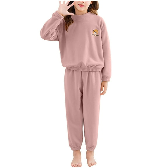 Cethrio Girls Winter Pajama Sets Size 7-8, Thermal 2 Piece Long Sleeve Fleece Girls Sleepwear Pink