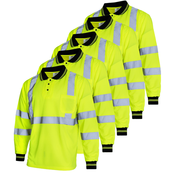 Jorestech ANSI Class 1 Hi-Vis Long Sleeve Polo Safety Shirt, Yellow, 5 Pieces (Men's Large)