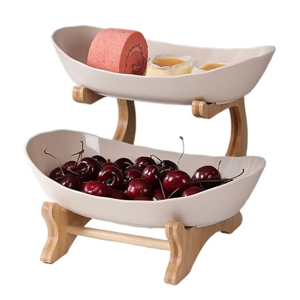Cesta plástica del frutero for la encimera de la cocina, tenedor de fruta con el soporte de bambú