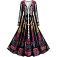 thumbnail image 4 of Skeleton Dress Long Sleeve V Neck Maxi Halloween Dresses for Women Spooky Skull Rose Gothic Festival Party Outfit, 4 of 4