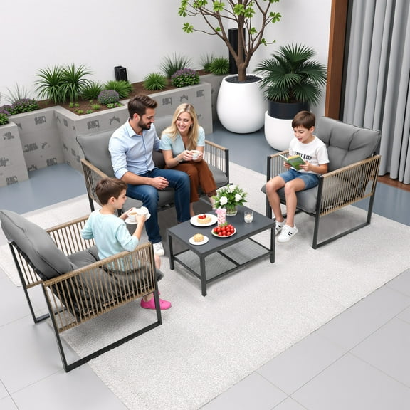 Yardmaster 4-Pieces Patio Furniture Set, PE Rattan Wicker Sectional Sofa, Outdoor Conversation Sets with Thick Cushions and Dual-Layer Coffee Table, for Patio, Poolside, Terrace, Brown