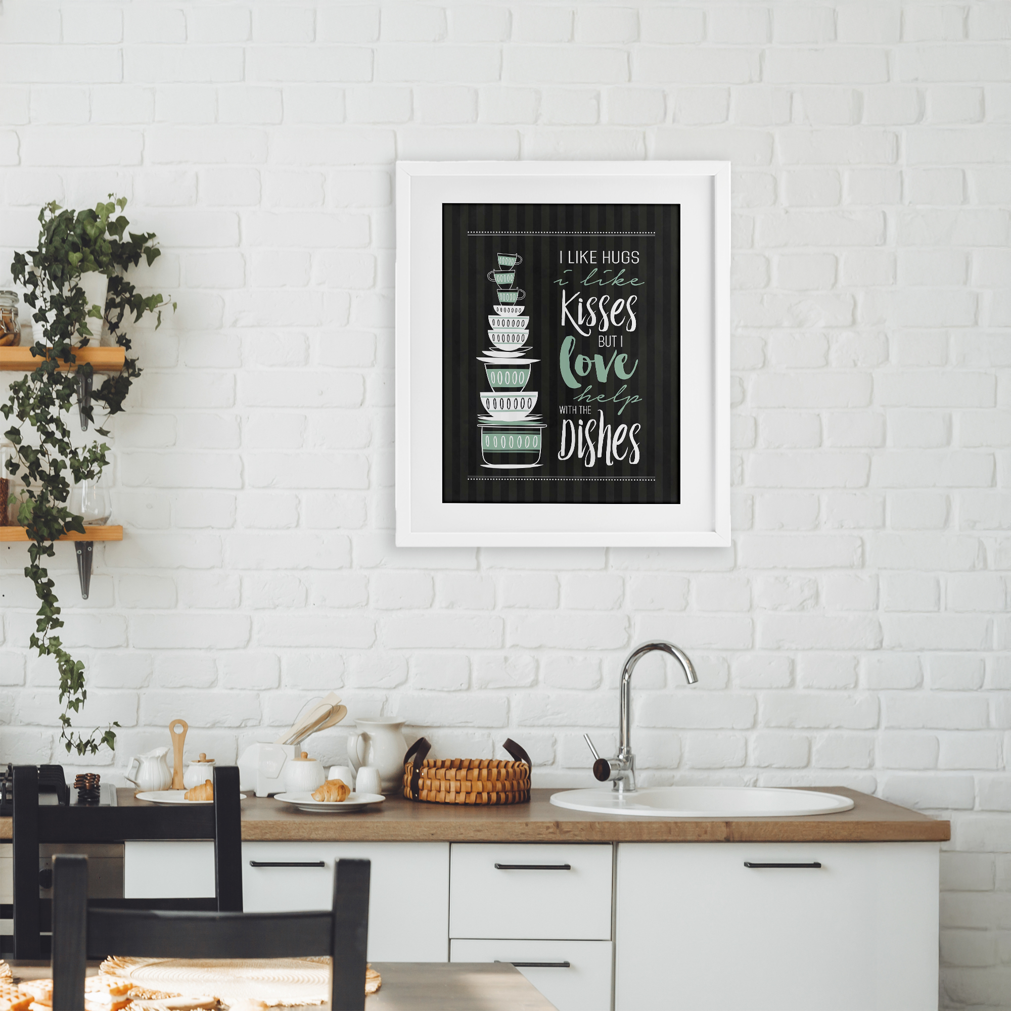 Love Help With Dishes White Framed Print Under Glass, design by Lettered and Lined