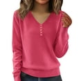 thumbnail image 2 of Women's V-Neck Button Detail Knit Sweater, Loose Fit Long Sleeve Pullover with Slimming Effect, Plus Size Soft Blouse for Layering and Outer Wear, 2025 Casual Comfortable Daily Top Pink XL, 2 of 6