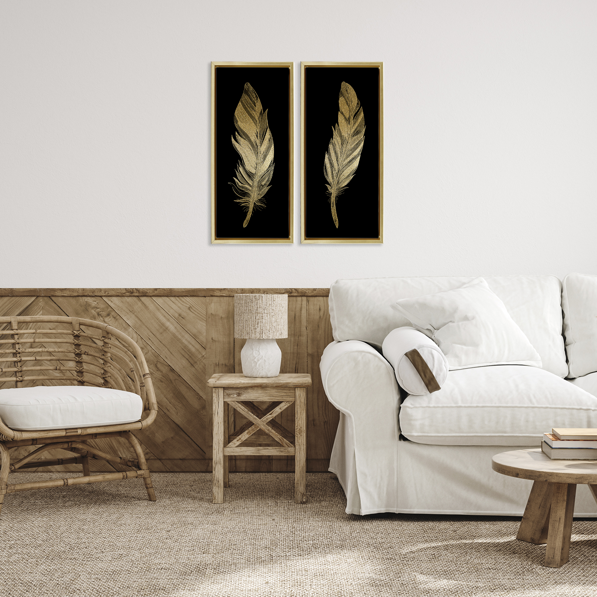 Glam Detailed Feather 2 Piece Gold Framed Floater Canvas Set, design by Kim Allen