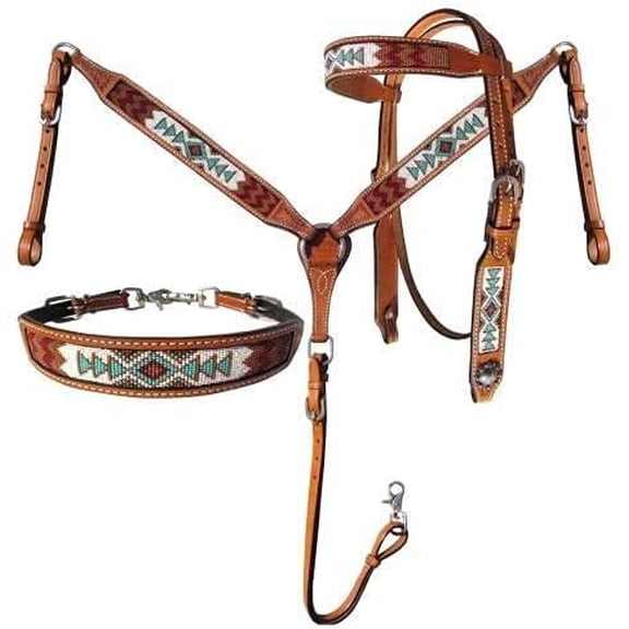 MARTIN ENTERPRISES Western Premium Leather Equestrian Trail Hand Carved Tooled Beaded Headstall, Breast Collar, Reins & Wither Straps Size Full