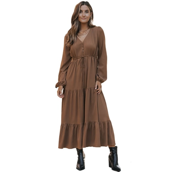 Women's Chestnut Solid Long Sleeve Maxi Dress – Casual V Neck Ruffle Tiered Style for Daily Wear | XL