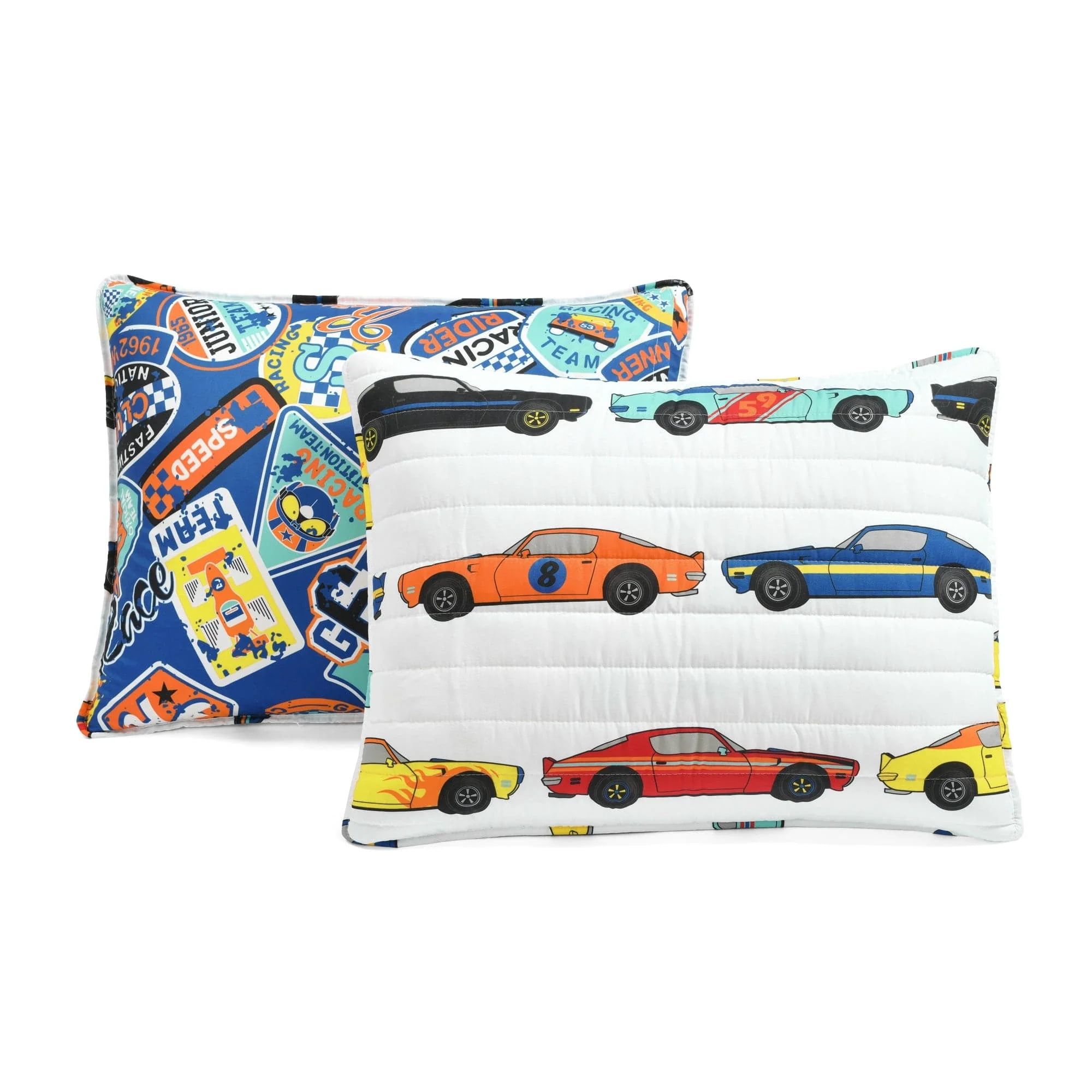Lush Decor Race Cars Kids Reversible Quilt - Reversible Twin, Blue abd Orange, 2 Piece Bedding Set