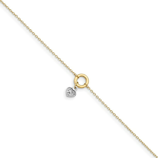 Diamond2Deal 14K Two-Tone Gold Circle Puff Heart Anklet 10 inch for Women