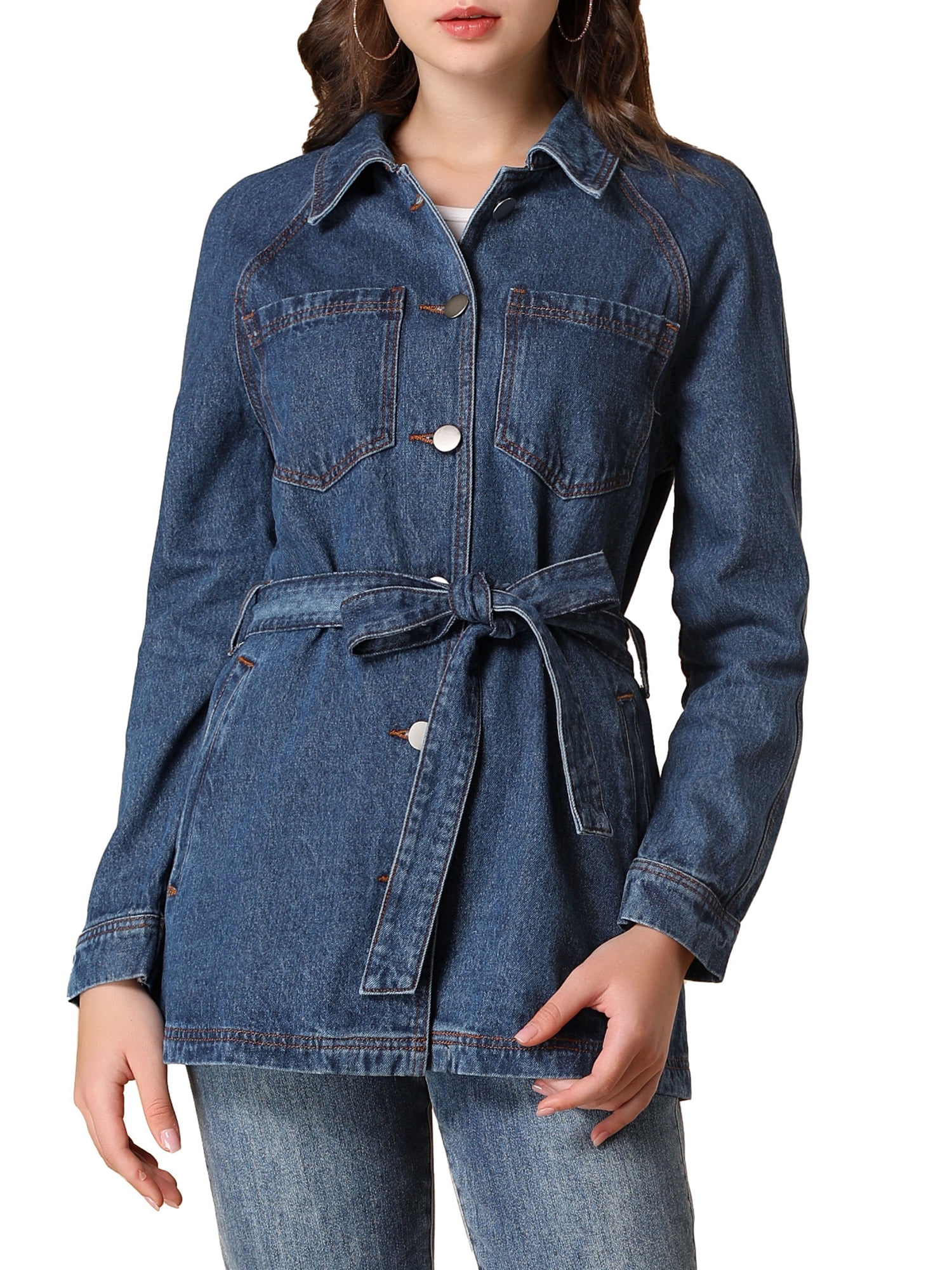 DARING DIVA Woman's Boyfriend Tie Waist Denim Jacket with Pockets M Medium Blue