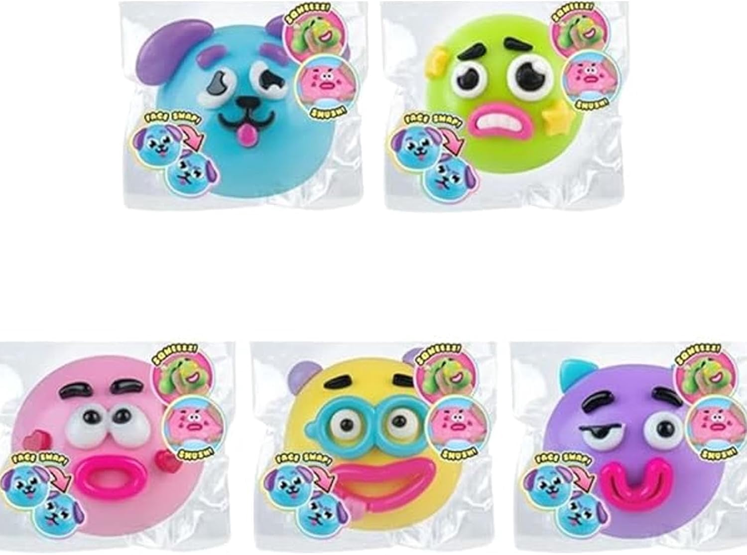 Guvpev 5Pcs Squeeze Smushers Squishy Toys - Curiosities Smushers Dog Face Swap Sensory Fidget for Stress Relief Soft Moldable Cute Slow Rising Squishy Stress Relief Ball, Safe & Fun Gag Gifts