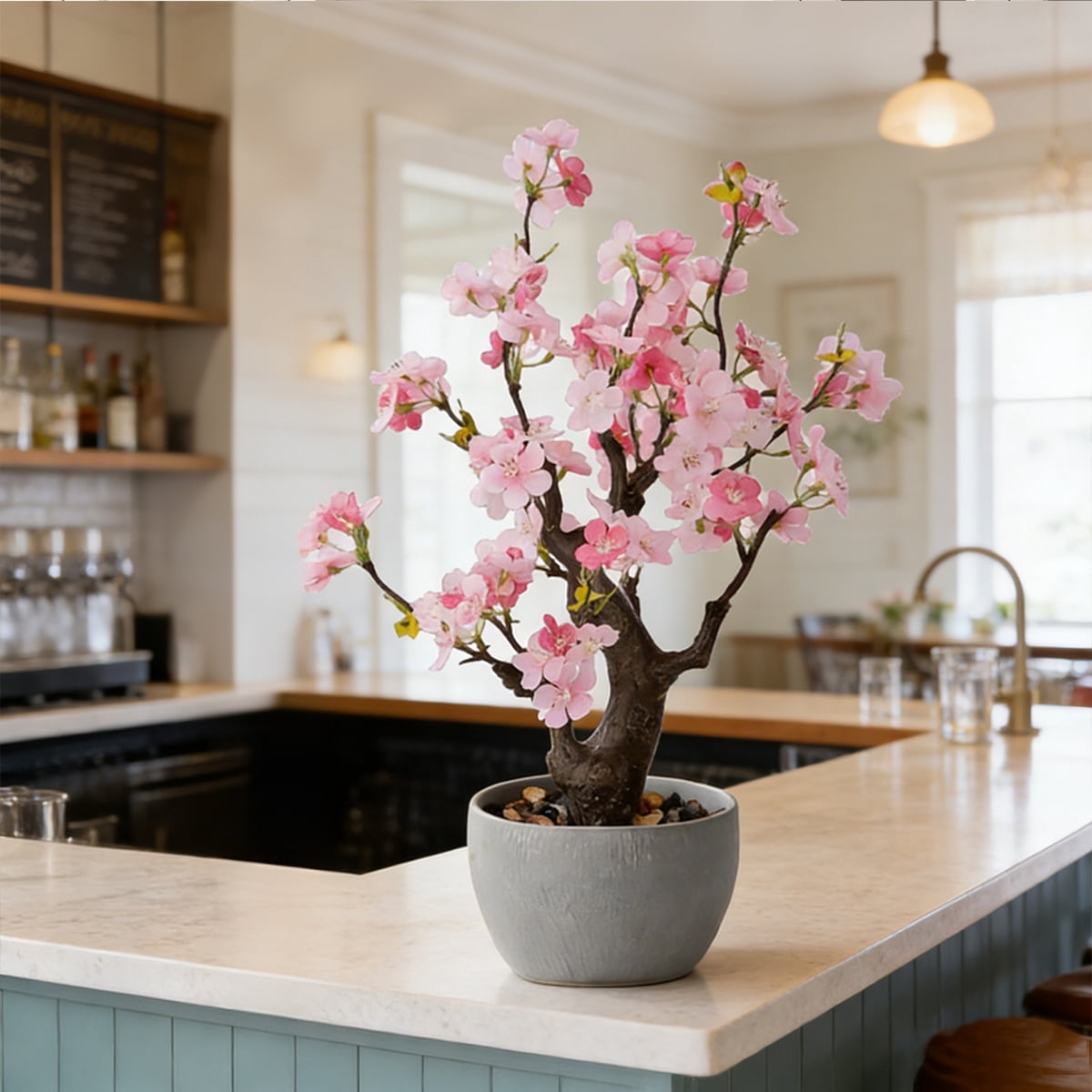 TOARTi Artificial Cherry Blossom Tree Light Pink Faux Flowers with Natural Trunk in Plastic Planter Indoor Tabletop Decor for Home Office Living Room 1.5 Feet