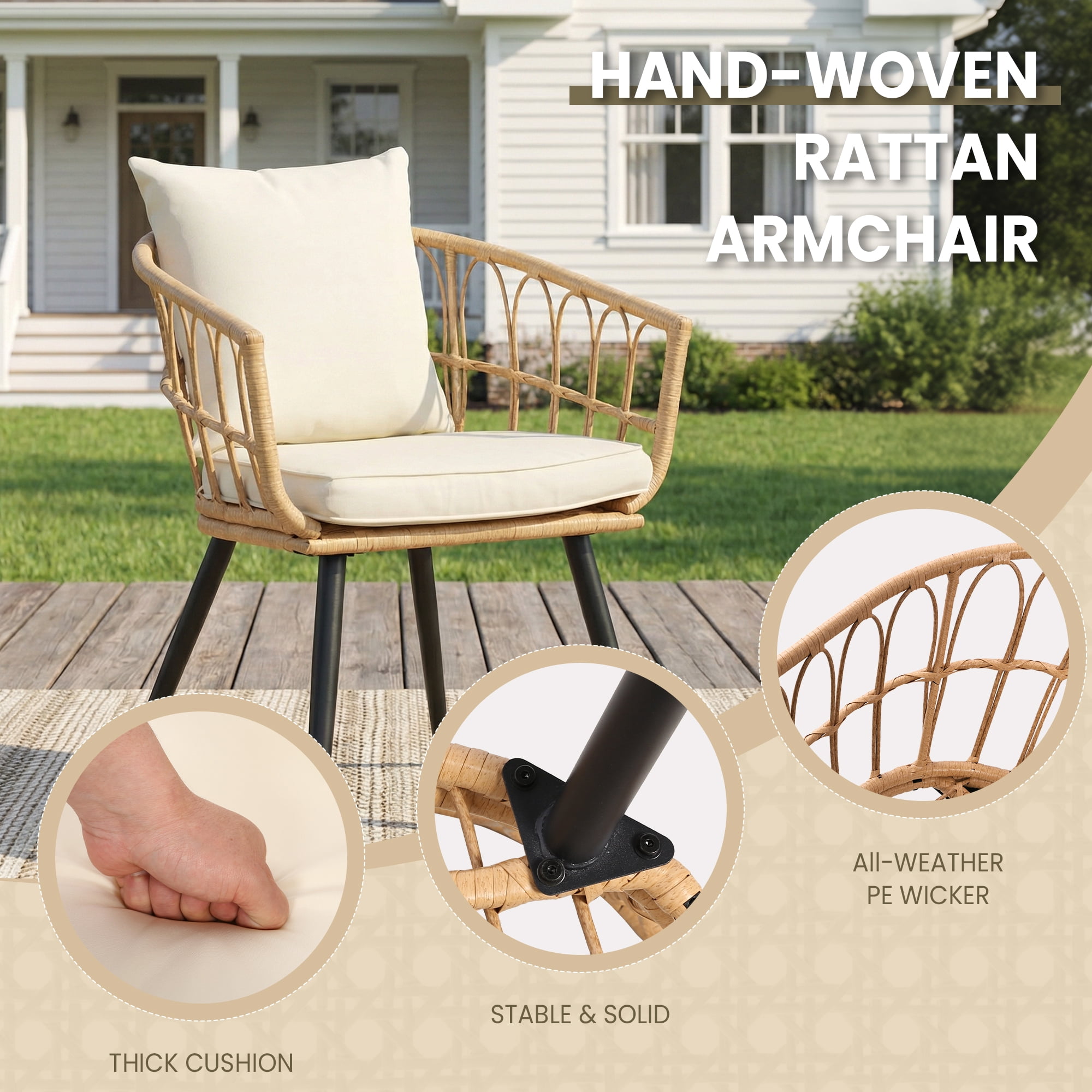FHFO 5 Piece Patio Bistro Set, Outdoor Wicker Furniture, Rattan Table & Chairs Set with Cushions (Yellow/Beige)