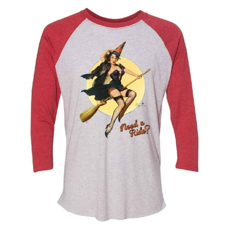 Ride Print Jersey - Pin up Girl Witch Need a Ride? 3/4 Raglan Tee Jersey Red / White Small