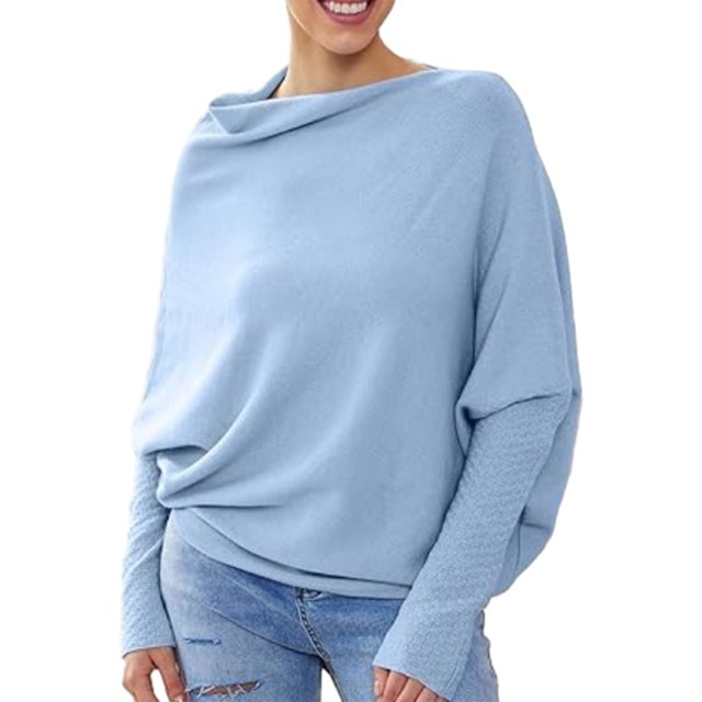 fastboy Asymmetric Batwing Sleeve Sweater Stylish And Versatile Long Batwing Sleeve Sweater Off Shoulder Light blue