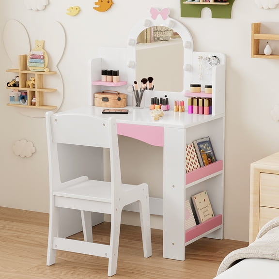 Reasea 1 Piece Kids LED Lights Vanity Desk Table Set White