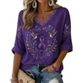 thumbnail image 2 of Womens Purple Floral & Hummingbird Print Alzheimer'S Awareness Support Tops Alzheimer Purple Ribbon 3/4 Length Sleeve V Neck T Shirts For Women, 2 of 4