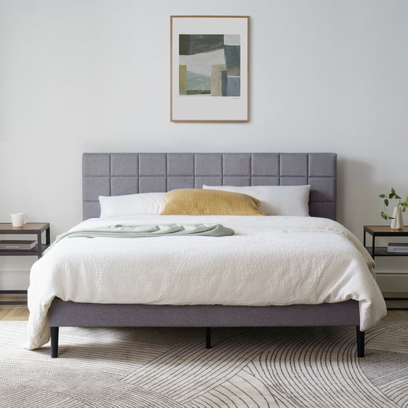Mainstays Gray Upholstered Square Tufted Platform Bed, King, No Box Spring Needed