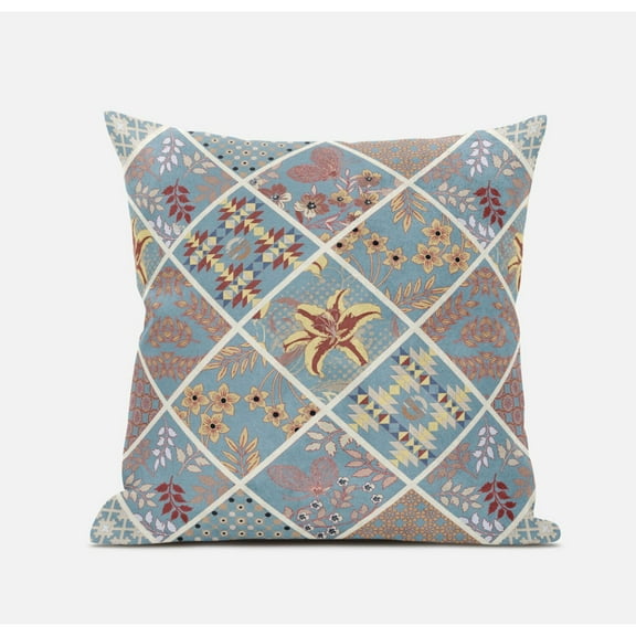 Fall Patch Snowflowers Suede Zippered Pillow W Insert in Blue Cream 18 x 18