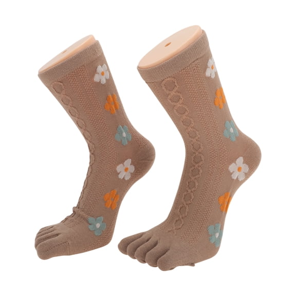 Unique Bargains 1 Pair Five Toe Socks Comfortable Mid-length Cute Flower Socks for Women Coffee