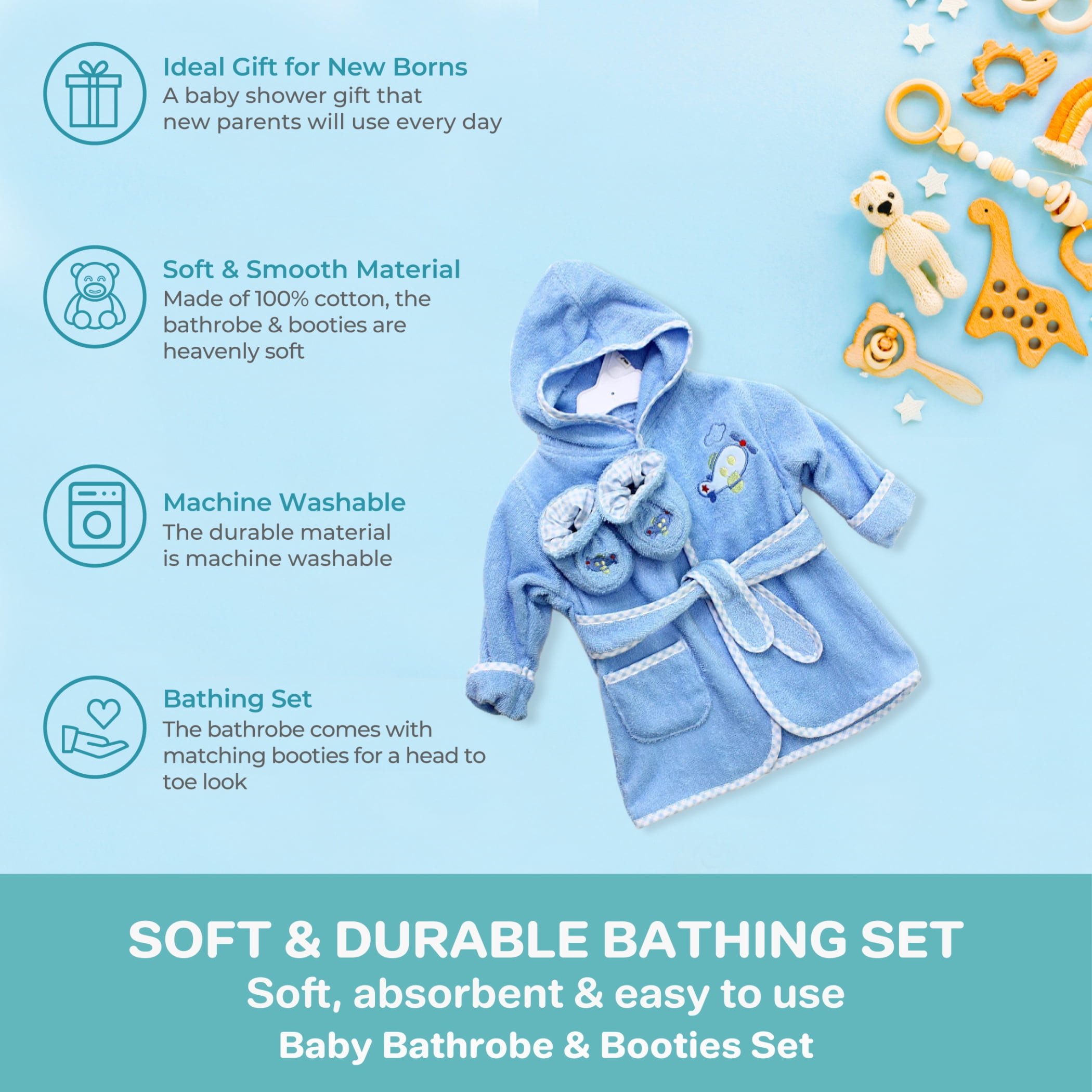 Spasilk Baby Hooded Bathrobe with Booties, Cotton Terry Bath Set for Newborns and Infants, Blue Plane