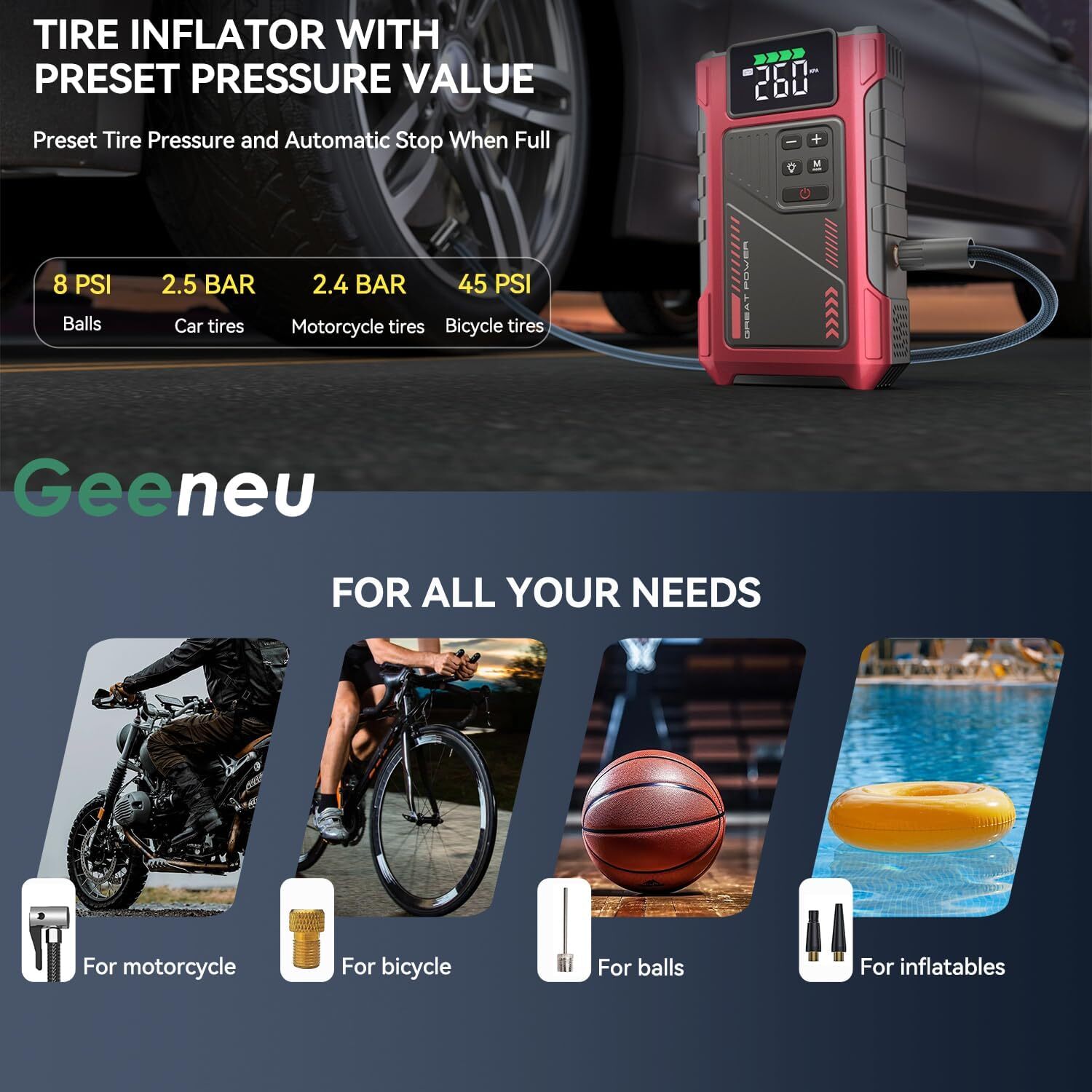 Geeneu Car Jump Starter with Air Compressor,5000A Peak Jumper Box for Car Battery Portable Booster Jump Pack,12V Jumpstart Combo 150PSI Tire Inflator Air Pump(up to 8.0L Gas/6.5L Diesel)