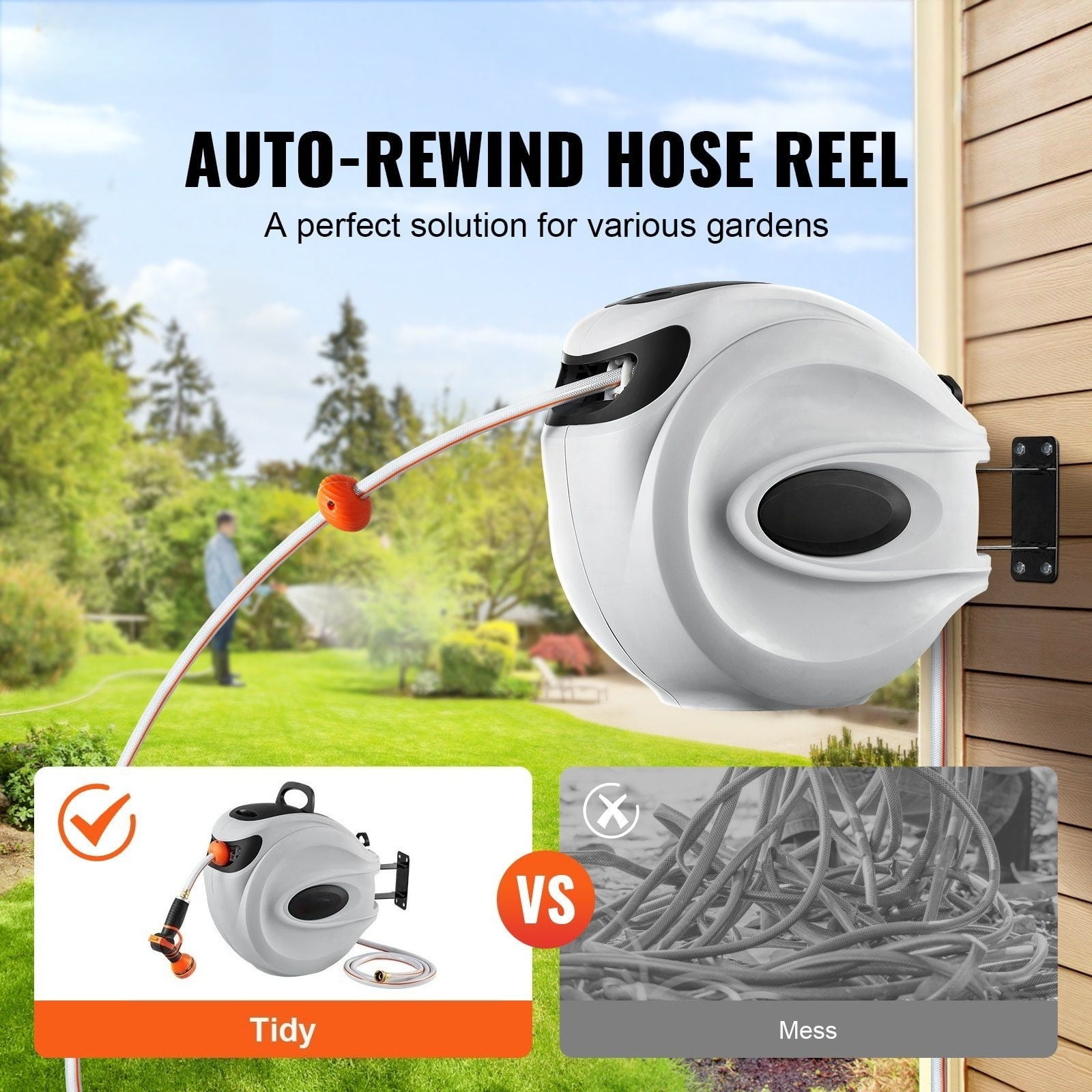 Retractable Hose Reel 84ft x 5/8in - Wall Mounted Garden Hose Reel with 9-Pattern Nozzle, Automatic Rewind, Swivel Bracket & Slow Return