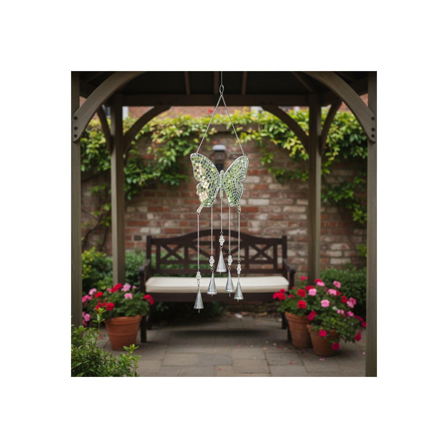 Butterfly Wind Chime with Hanging Bells - Metal & Glass Mosaic Design - Outdoor & Indoor Decorative Wind Bell - Soothing Garden Decor for Patio, Balcony & Home - 26" Silver Metallic