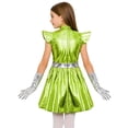 thumbnail image 2 of vastwit Kids Girls Alien Outfit Metallic Cap Sleeves Mock Neck Robot Mini Dress with Gloves 2Pcs Set Fluorescent Green 8, 2 of 5