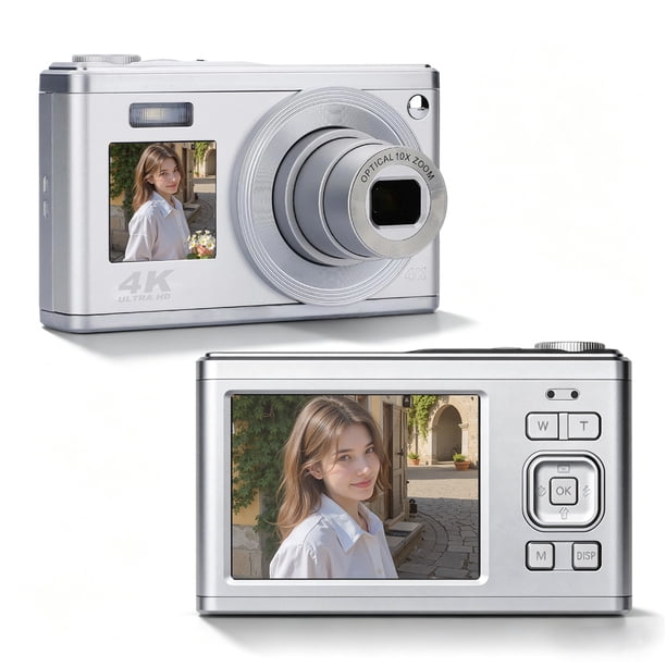 Cámara digital 4K ultra HD, Pantallas Duales Delanteras y Traseras con Lente Retráctil, zoom Óptico 10x, Viene con una Tarjeta de Memoria de 32GB, Fácil de Manejar para Principiantes