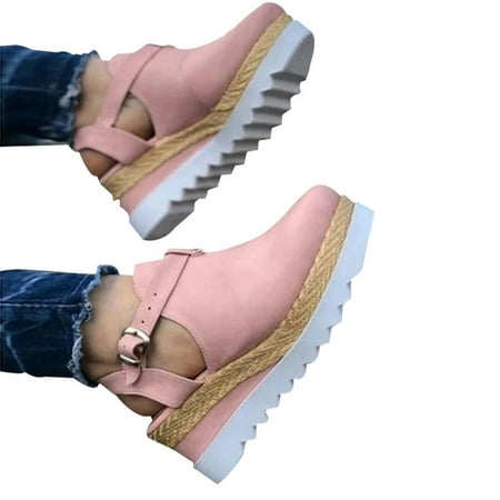 

T-Shaped Design Casual Soft Sole Summer Beach Wedge Sandal 39 Pink