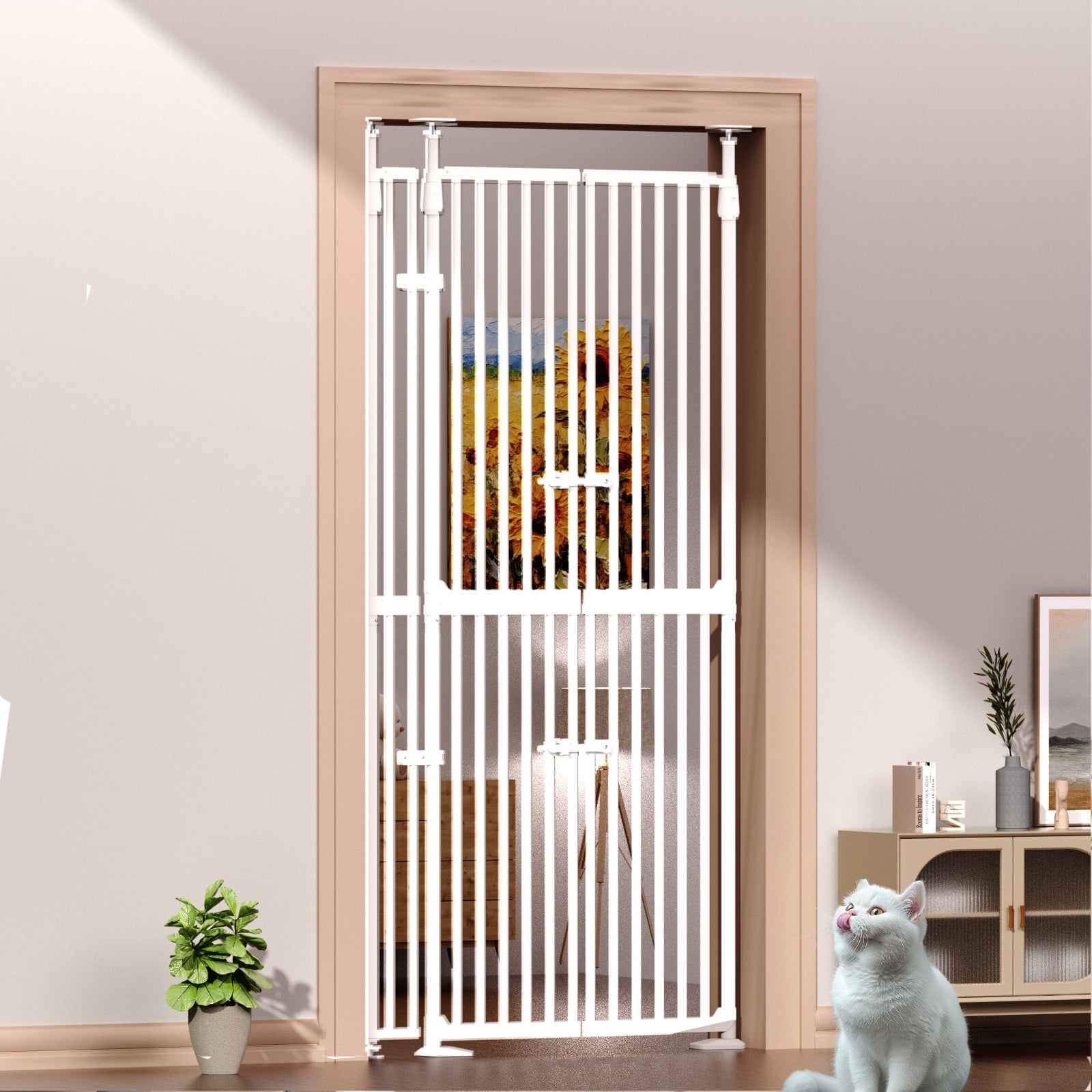 XJD 71" Extra Tall Cat Gate – Fits 30.31"-38.2" Wide Openings, Auto-Close, Narrow 1.37" Gaps, No-Drill Pressure Mount, Double Opening Design Pet Gate, White