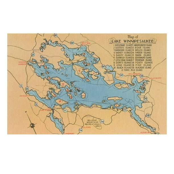 Map Of Lake Winnipesaukee Nh Map Of Lake Winnipesaukee, New Hampshire Print Wall Art - Walmart.com