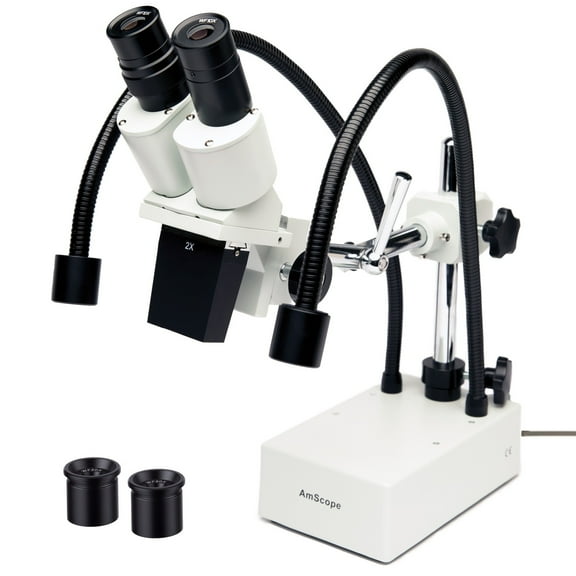 AmScope 20X-30X Compact Fixed-Lens Stereo Boom-Arm Microscope with Dual Gooseneck LED Lights