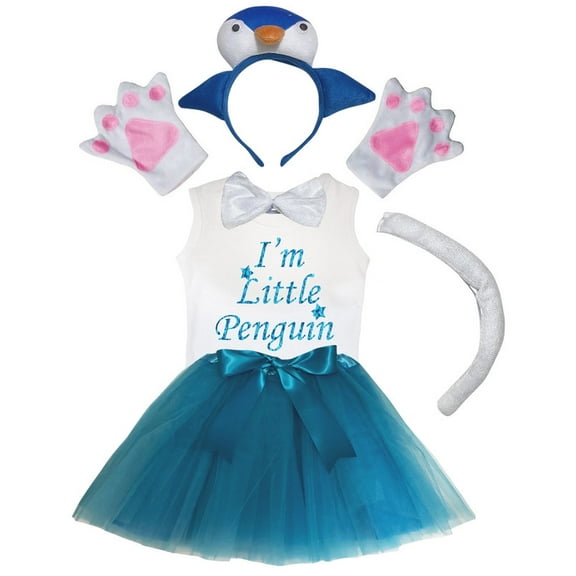 Petitebelle Penguin Headband Bowtie Tail Gloves Tutu Shirt 6pc Costume (Blue, 5-6 Years)