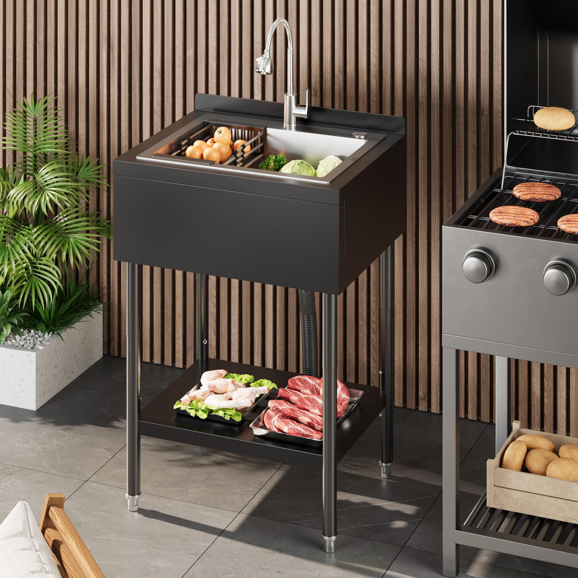 Freestanding Commercial Stainless Steel Utility Sink 26" Single Bowl with Black Powder Coated Finish, Hot & Cold 360° Swivel Faucet Garage, Outdoor