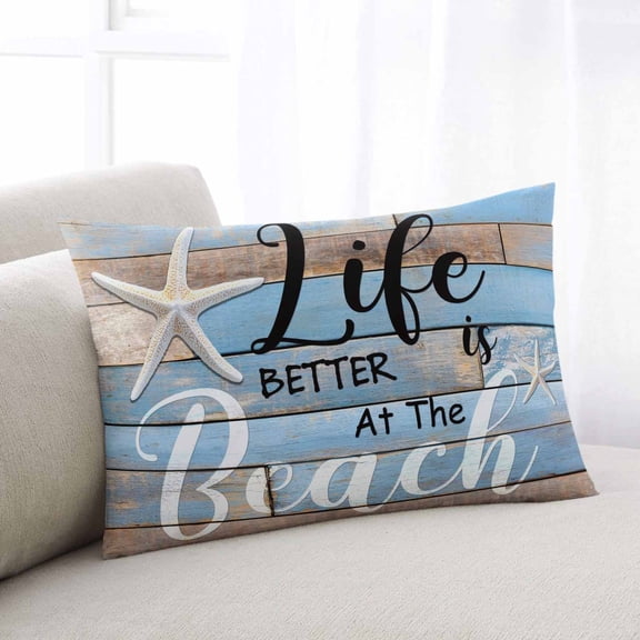 Blue Beach Throw Pillow Cover, Pillowcase Protectors with Zipper, Breathable Decorative Lumbar Pillow Case Cover, Coastal Starfish Graffiti Retro Wooden Plank Pillow Shams for Couch Sofa 16x24Inch
