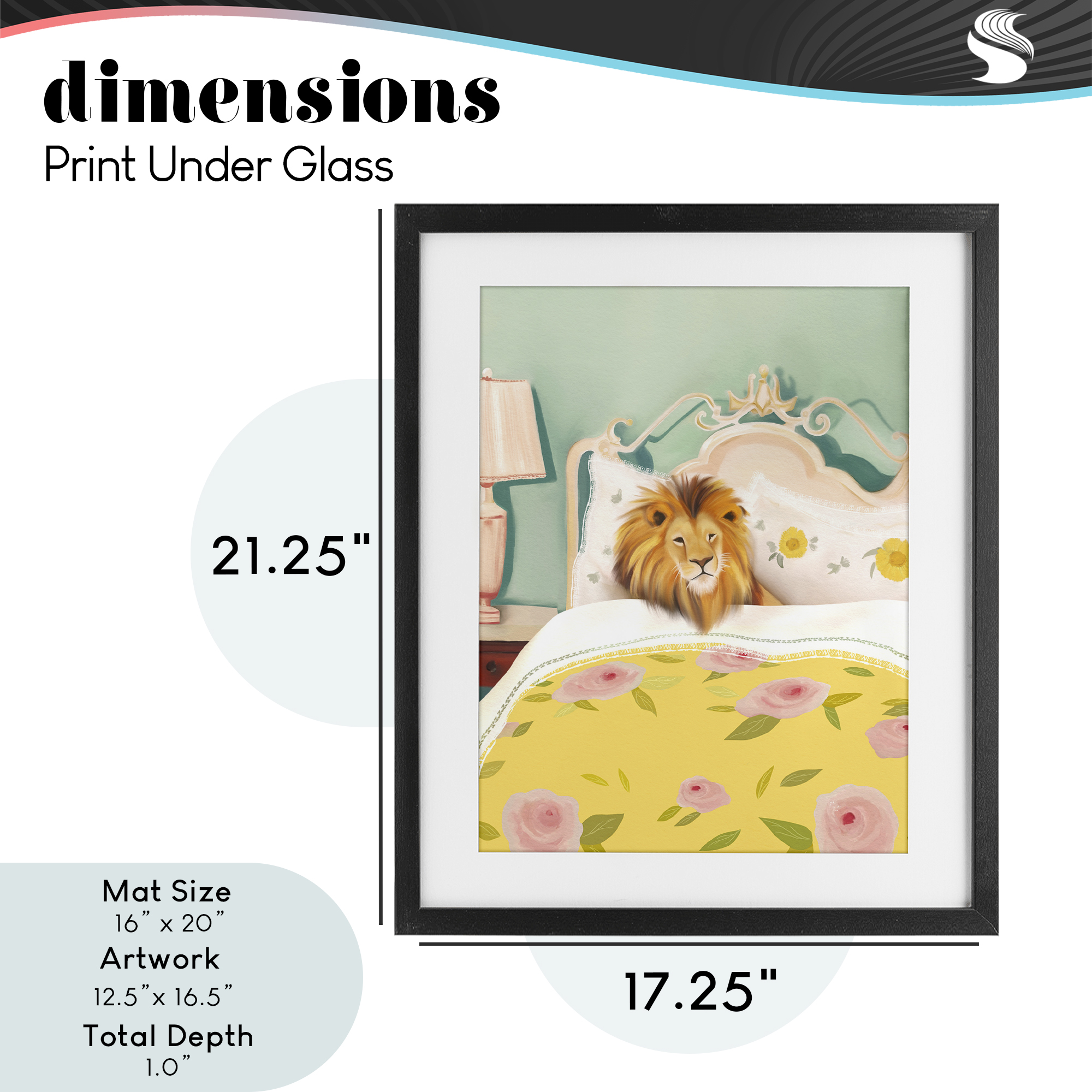 Good Morning Lion in Bed Black Framed Print Under Glass, design by Leah Straatsma