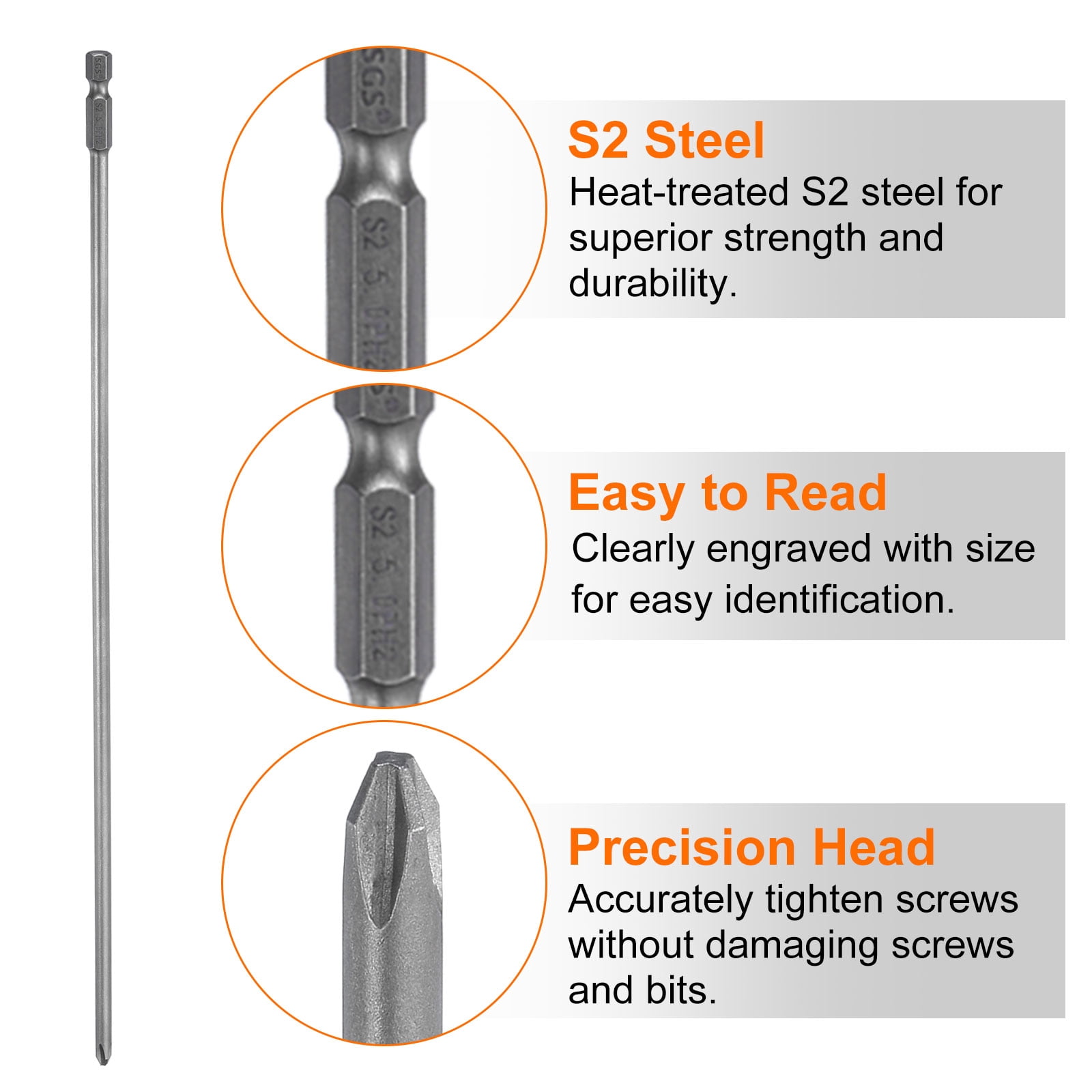 10pcs #2 Phillips Screwdriver Bit PH2 1/4" Hex Shank 12" (300mm) Long Magnetic S2 Steel Industrial Grade Screw Driver Bit Cross Head Electric Drill Bits 0.2" (5mm) Rod