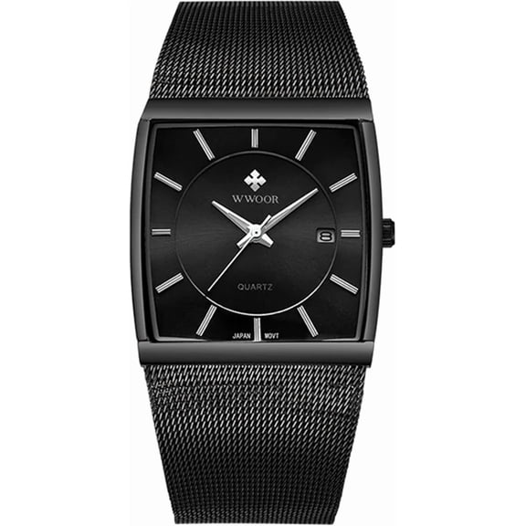 Men Watch Classic Analog Quartz Date Stainless Steel Milanese Mesh Band Ultra-Thin Rectangle Dial Luminous
