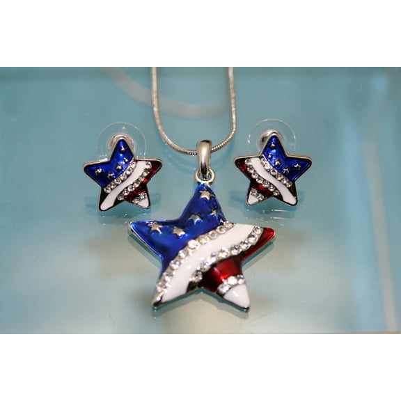 Rhinestone USA Flag Stars Pendant Patriotic Heart Pendant Necklace & Post Heart Earrings Set, Crystal Star Pendant, Star Earrings