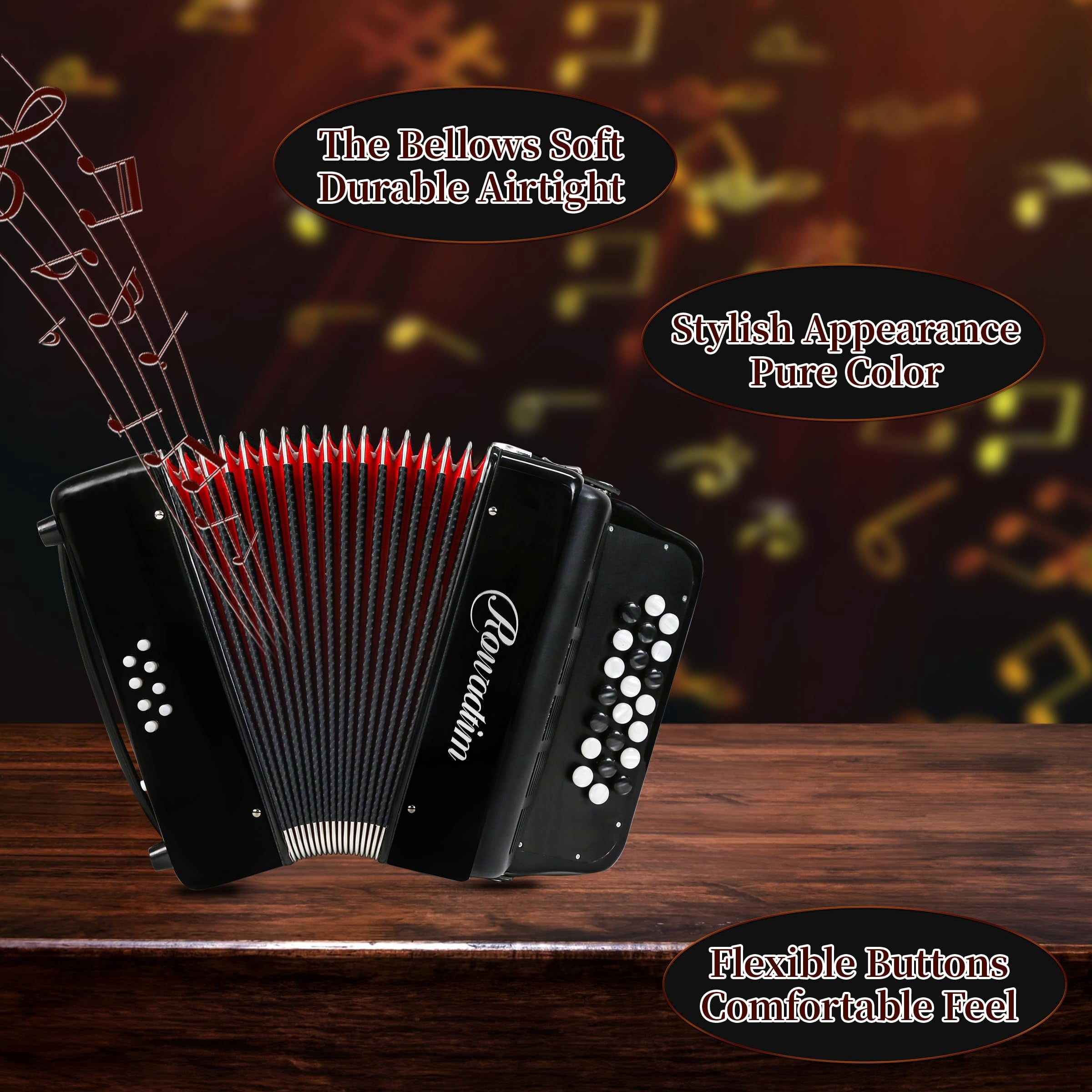 Rowadtim 22 Keys Accordion, 8 Bass Student Piano Accordions Suitable for Beginners and Students; Lightweight and Portable,with Backpack and Adjustable Straps (Black)
