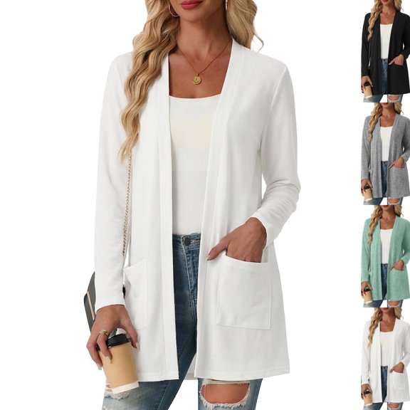 Lightweight Cardigan Sweaters for Women Casual Open Front Long Sleeve Cardigans with Pockets Trendy,White M