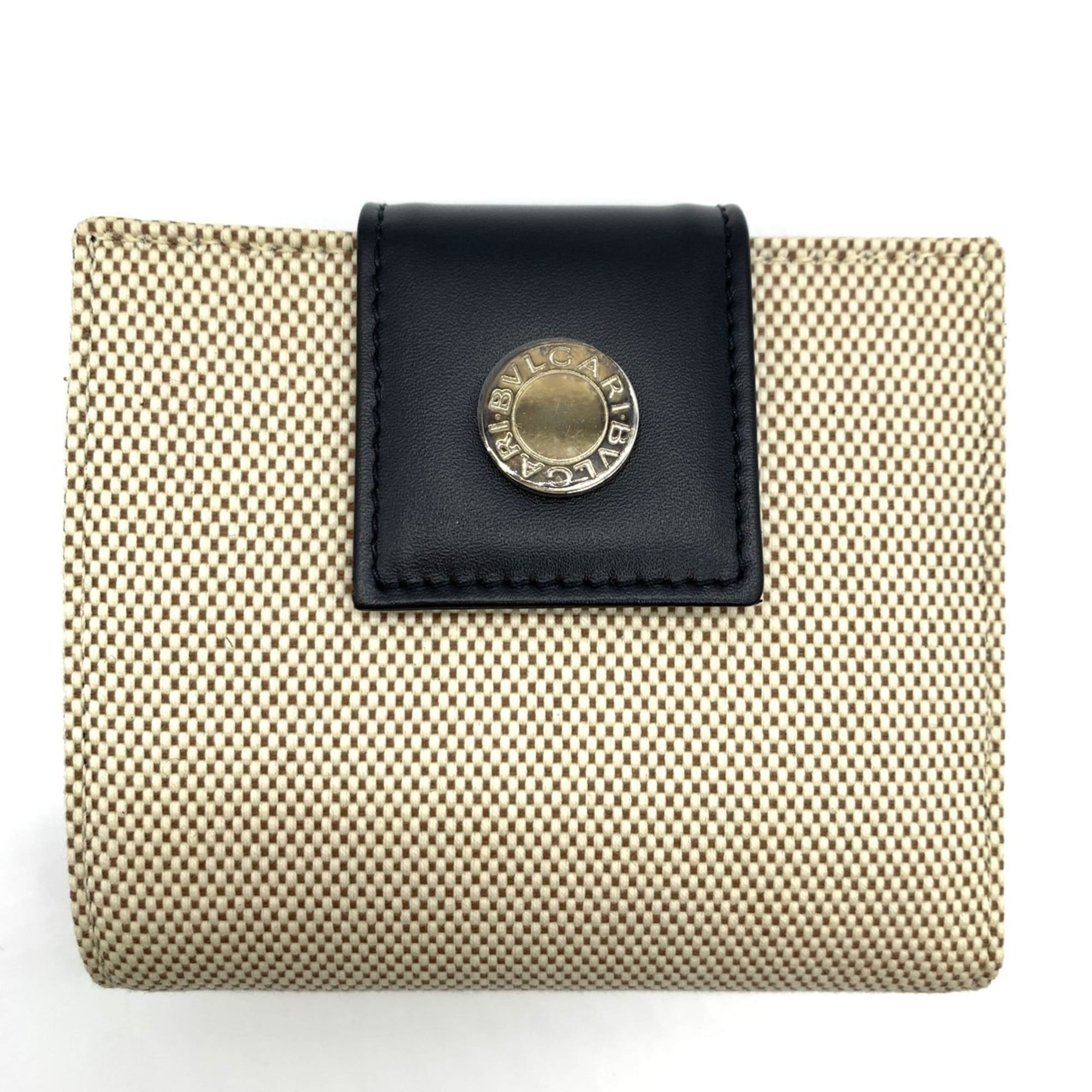 Pre-Owned Bvlgari bifold wallet for men and women, beige, black, silver buttons,... (Good)