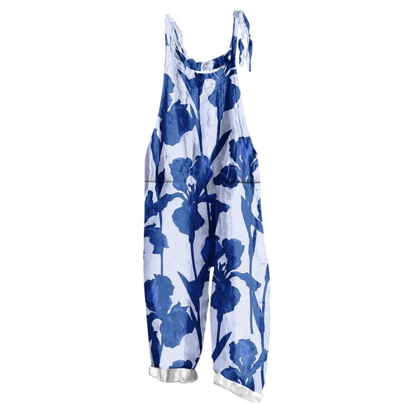 XPMWRP Plus Size Jumpsuit for Women Fashion Floral Printed Overalls Sleeveless Adjustable Strap Casual Bib Jumpsuit with Pockets Blue XXXL