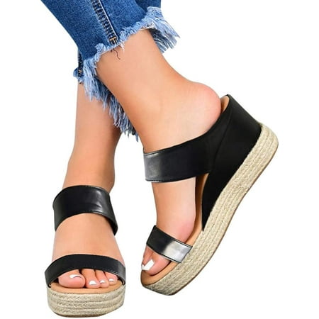 Women Fashion  Womens Wedge Sandals Leather Slip on Platform Sandal Comfortable Beach Flats Shoes