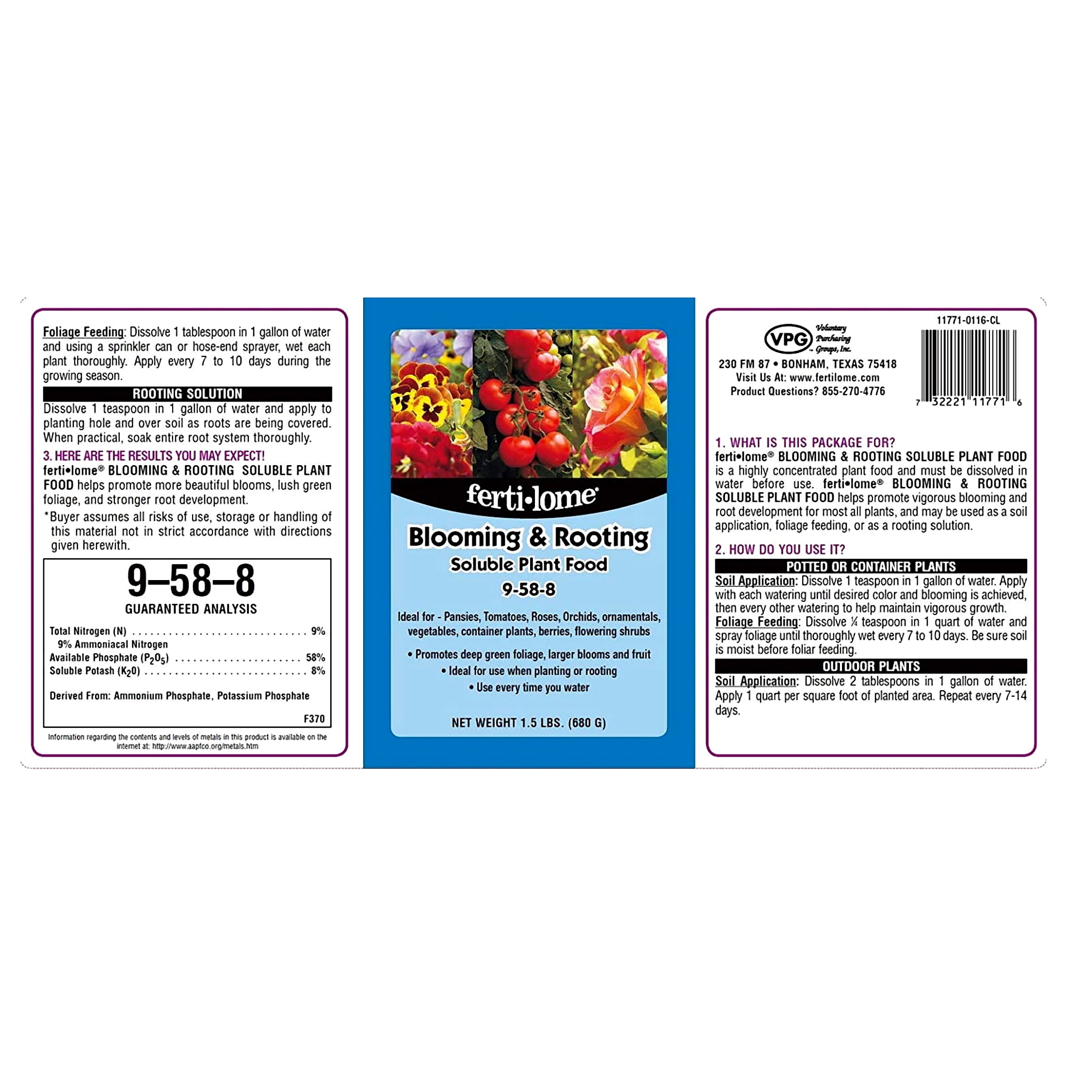 Fertilome Blooming & Rooting Soluble Plant Food 9-58-8 - 1.5lb