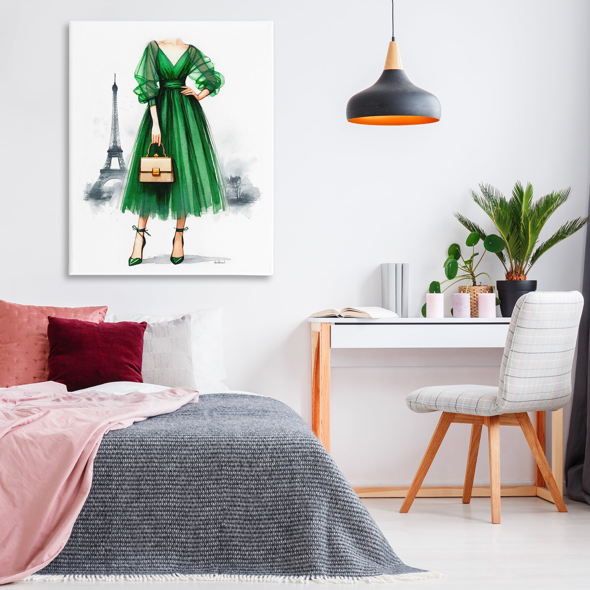 Stupell Industries Parisian Green Dress Fashion Painting Wrapped Canvas Art Print Wall Art, 36 x 48