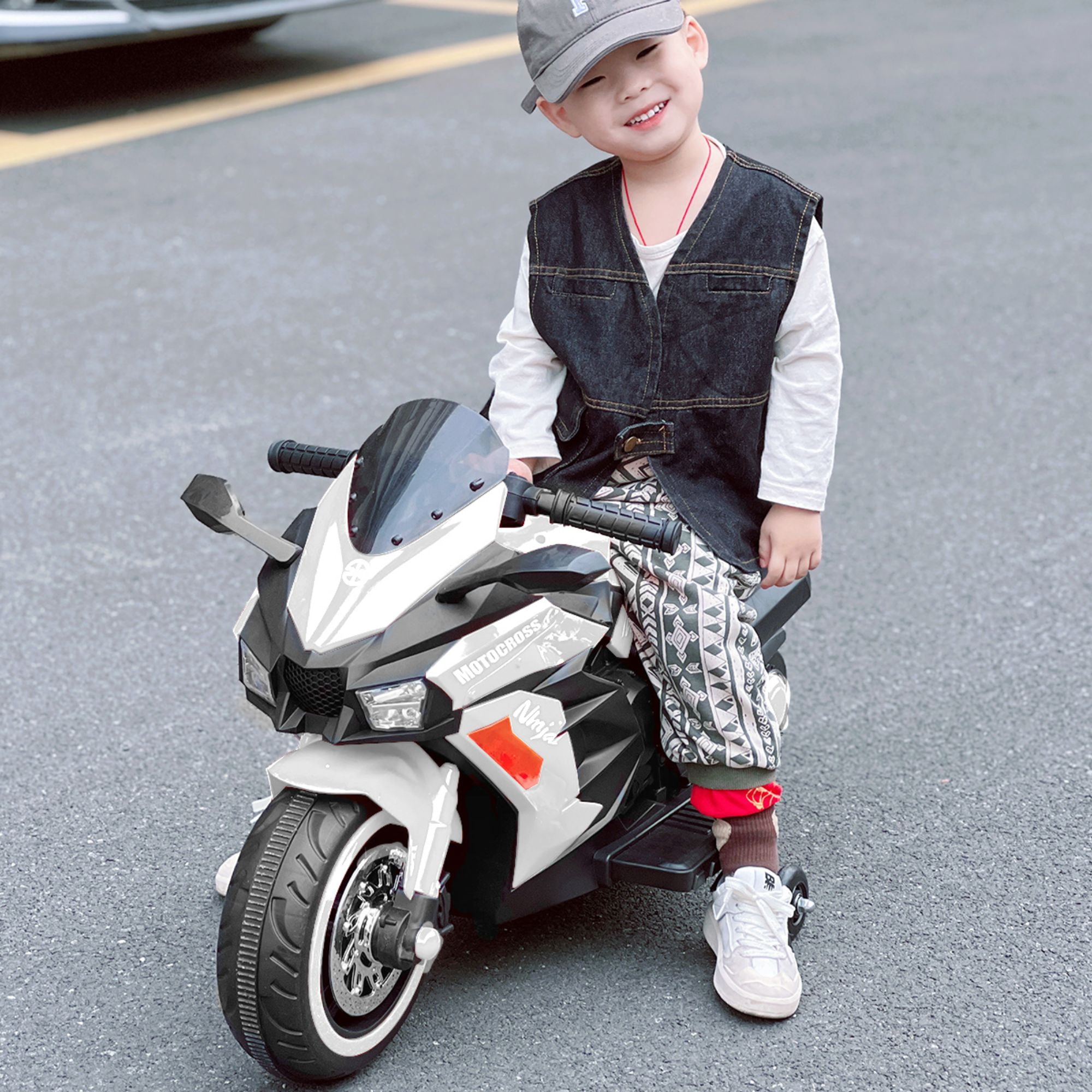 CIPACHO 12V Kids Motorcycle, Electric Motorcycle Ride On Toy with Training Wheels, Battery Powered Dirt Bike for Boys & Girls, White