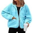 thumbnail image 5 of Womens Fleece Jacket Fuzzy Long Sleeve Short Winter Coats Button Down Jacket Outerwear with Pockets Light Blue L, 5 of 6